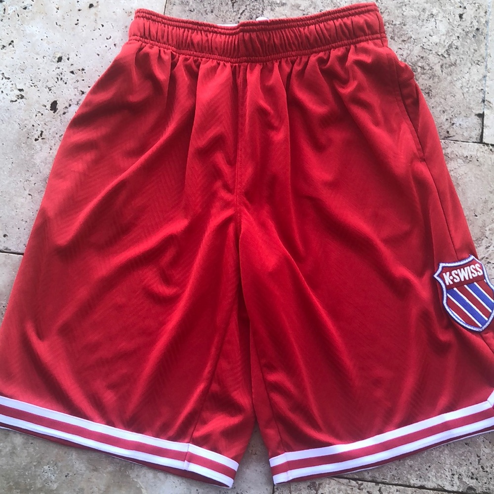 K-Swiss men’s basketball shorts in vibrant red and white - good condition